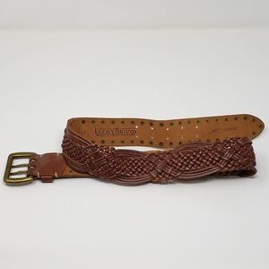 Lucky Brand 34 inch Wide Band Braided Belt with Brass Tone Details, Brown Genuin